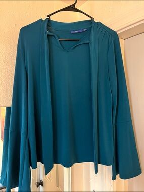 Teal Long Sleeve Blouse with Neck Tie